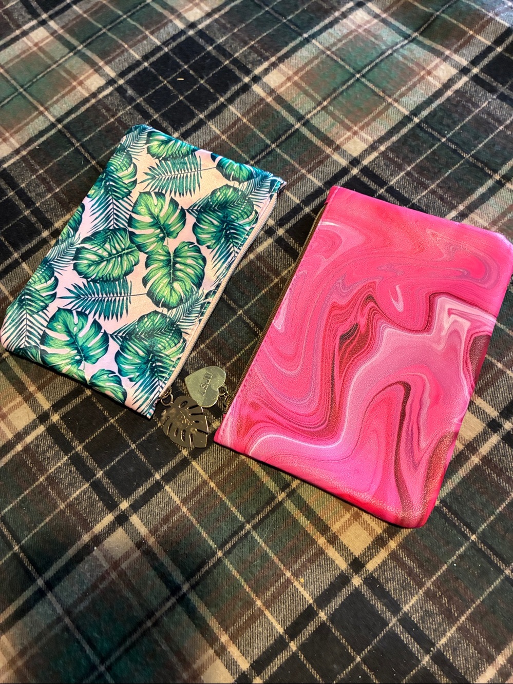 Ipsy Tropical Leaf Print Cosmetic Pouch and Pink Marbled Pouch